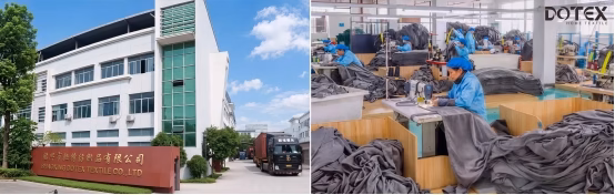 What Should Licensed Merchandise Buyers Evaluate When Choosing a Disney FAMA Approved Factory or Universal Studios Licensed Textile Supplier? Exterior of Shaoxing Dotex Textile Co., Ltd. and workers sewing textiles inside the factory