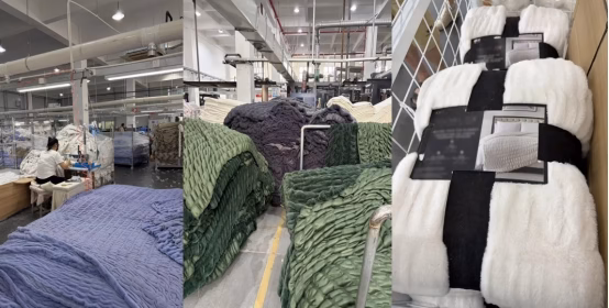 Can an Oversized Faux Fur Throw Blanket Factory Keep Large Orders Square1 Finished blankets in multiple colors stacked inside a factory
